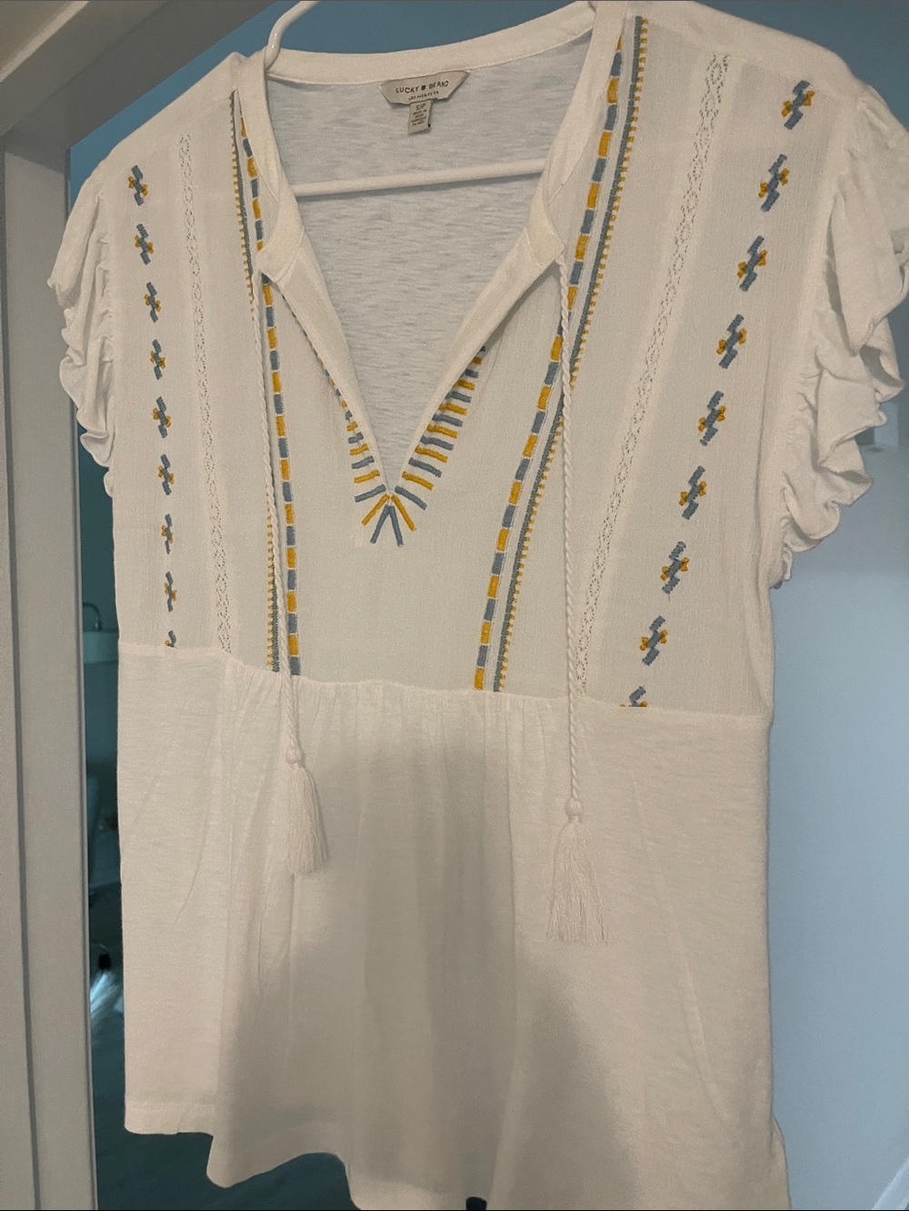 Lucky Brand White Peasant Top with Yellow and Gray Embroidery